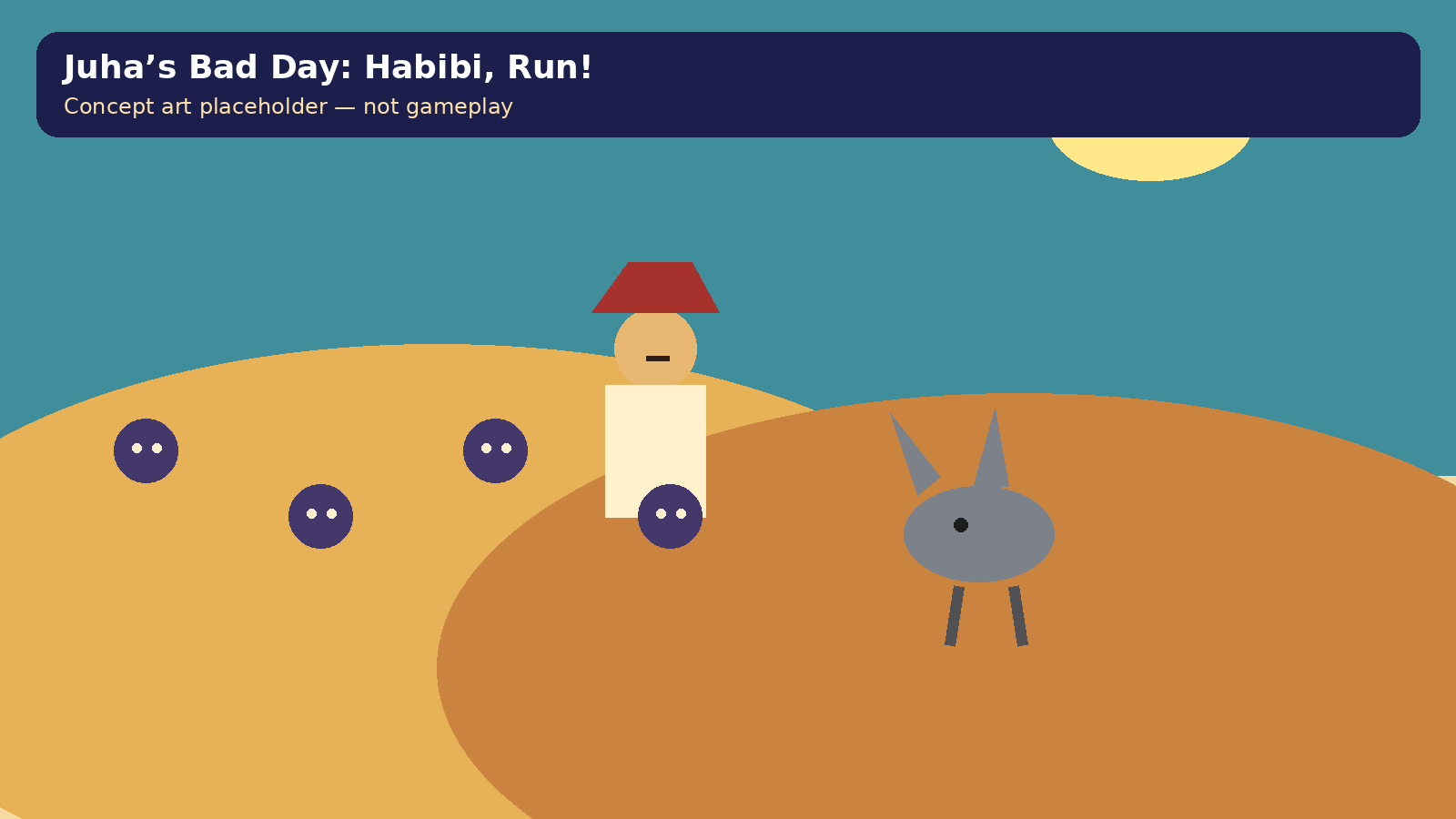 Concept art placeholder showing Juha and a grey donkey fleeing through a colorful desert